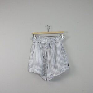 Abercrombie & Fitch Paperbag Shorts Women L White Blue Striped Linen Blend